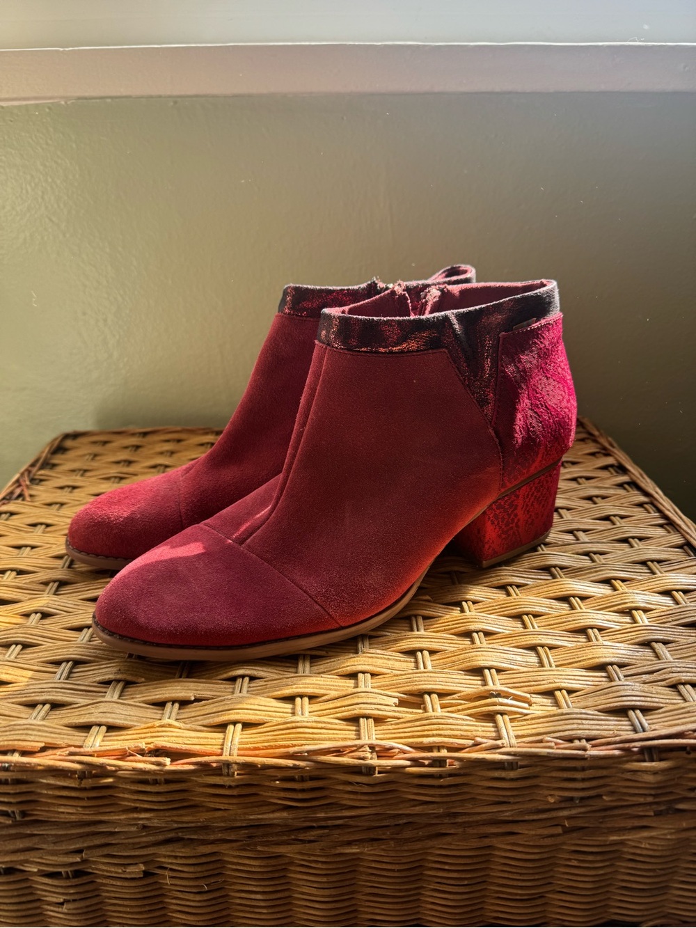 Toms Burgundy Suede Ankle Booties with Patterned Trim